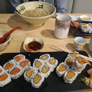Sushi combo (comes with soup or salad), Ramen, green tea, and sake.