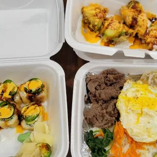 Salsa Roll , Bibimbap, and deep fried avocado stuff with crab
