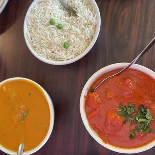 Shrimp curry, chicken tikka masala