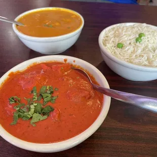 Shrimp curry, chicken tikka masala