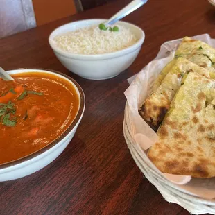 Chicken tikka masala, rice, aloo kulcha