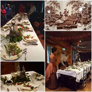 The dining room and kitchen laid out for the feast to come. Wonderful antiques.
