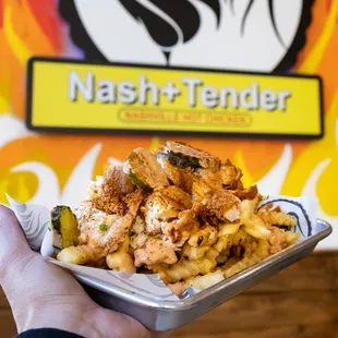 Nash + Tender Fries - Loaded Fries Served w/ Mac N&apos; Cheese, Coleslaw, Pickles, and Special Sauce.