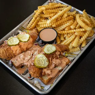 Combo #2 - 2 Tenders Over White Bread w/ Coleslaw, Pickles, and Special Sauce. Served w/ Fries
