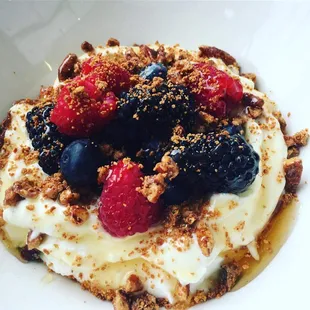 a bowl of yogurt with berries and granola