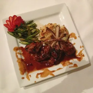 4 veal chops w/ strawberry Cabernet sauce garlic mash and asparagus:)))