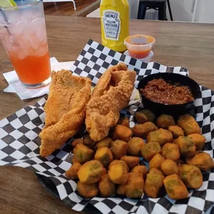 Catfish ( was sandwich but asked for no bread) with okra.