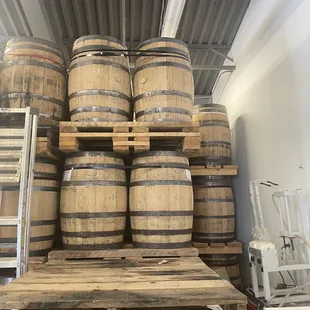 stacks of barrels stacked on pallets