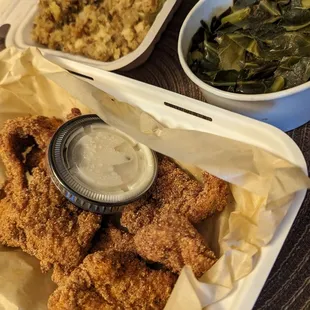 Catfish Bites, Collard Greens and Corn Bread Stuffing
