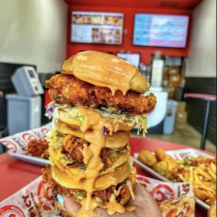 a stack of fried chicken sandwiches