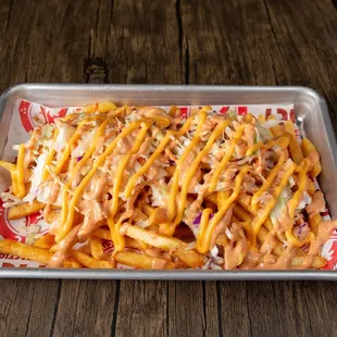 a tray of loaded fries