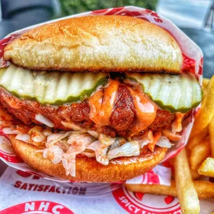 a chicken sandwich and fries