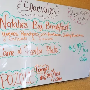 a menu on the wall