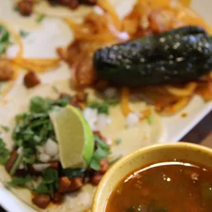 street tacos and side of charro beans