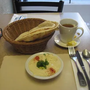 Incredible hummus, very good pita, and hot tea.