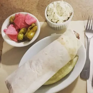 Wrap with potato salad and pickles