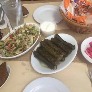 Fattoush, grape leaves, kibble ball!!! All very good!!!