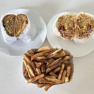 Nate's Favorite (Spicy) Breakfast Burrito, French Fries, and Three Meat/Three Eggs Breakfast Burrito