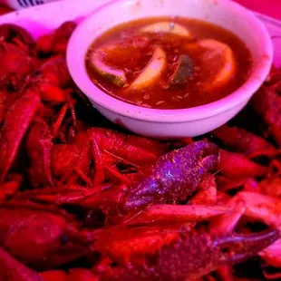 Boiled crawfish regular with the Desi's Bon Temps Sauce.