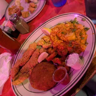 Fried catfish, crab cake, fried oyster, jambalaya