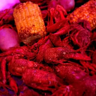 Boiled crawfish with turbo seasoning, corn, and potatoes
