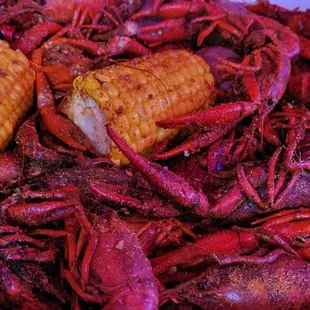 2lbs boiled crawfish, turbo, corn, and potatoes