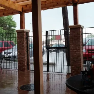 Sitting in the new beer garden on a rainy day.