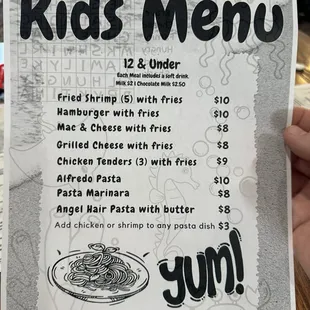 Kids menu