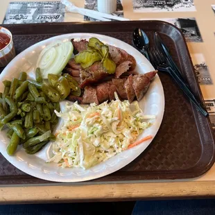 2 meat plate with brisket, sausage, green beans, and coleslaw.