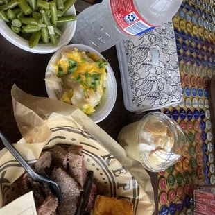 Brisket, cornbread and potatoes with green beans