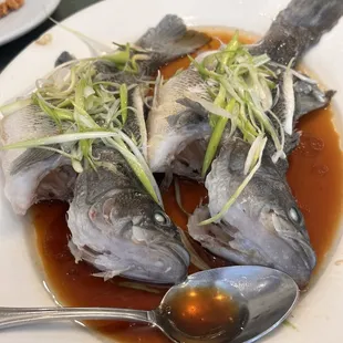 a plate of steamed fish
