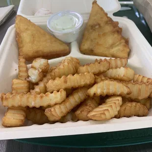 Fish &amp; chips meal with extra fries in place of slaw. Over $14- bucks for this with tax!!