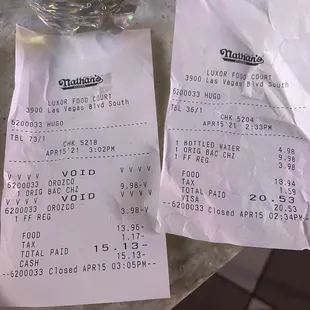 Receipt from the time we ordered our food to the time that they voided our food because they lost our ticket.