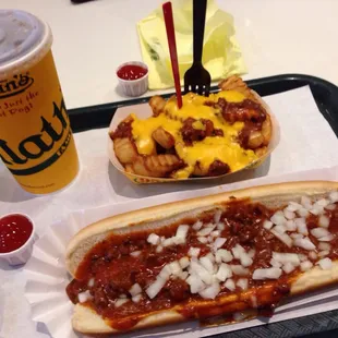 Chili dog &amp; chili cheese fries