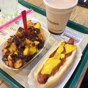 Bacon cheese fries, chili cheese dog, and chocolate shake