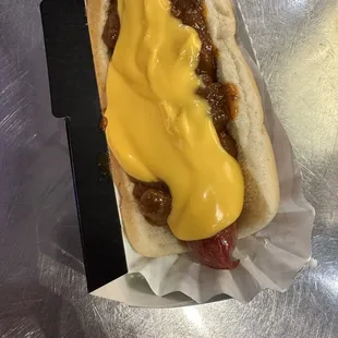 Chili cheese hot dog