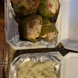 Stuffed peppers and mashed potatoes
