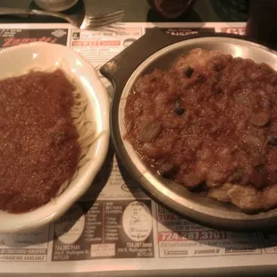 two dishes of pasta and meat