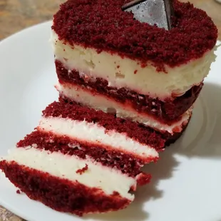 Red velvet tower with a Greek yogurt/cream cheese filling, Delicious!