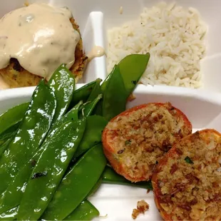 Nice size Cod Cake, Rice, Snow Peas and Baked Stuffed Plum Tomatos for $3.18. Wow! So unreal.