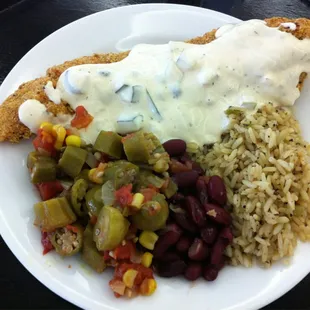Huge cut of Fried Catfish, okra/corn/tomato, kidney beans and rice. $8.05