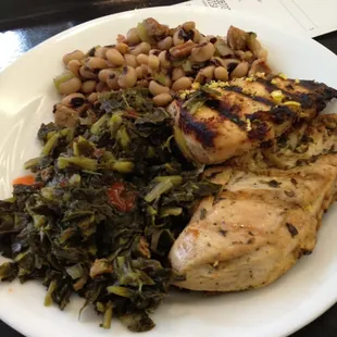 Chicken, greens and black eyed peas. Part of a daily special.