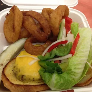 Angus cheeseburger w Onion rings!
