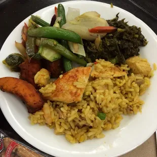 Spanish Paella with Seafood &amp; Chicken, Steamed Veggies, Catalan Style Greens and Smoked Paprika Roasted Squash.