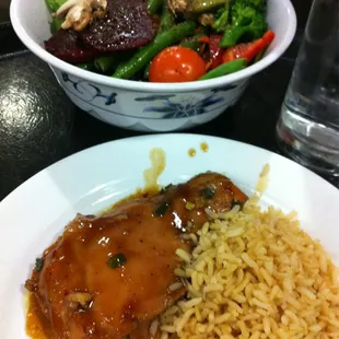 Big salad, chicken and brown rice.
