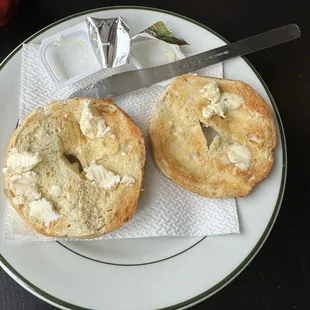 Toasted Everything bagel (butter was cold so took a second to melt)