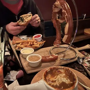 Pretzel- French onion soup- porchetta sandwich