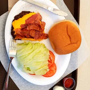 Forgot, per usual, to START with the photo! This is my bacon cheeseburger with bun on side.