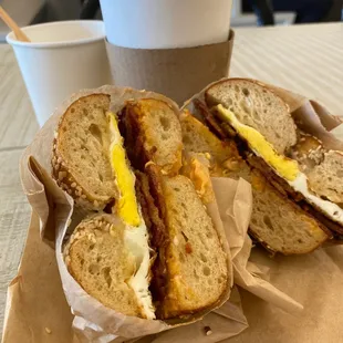 a sandwich and a cup of coffee