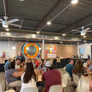 Tap room wall and sitting area.